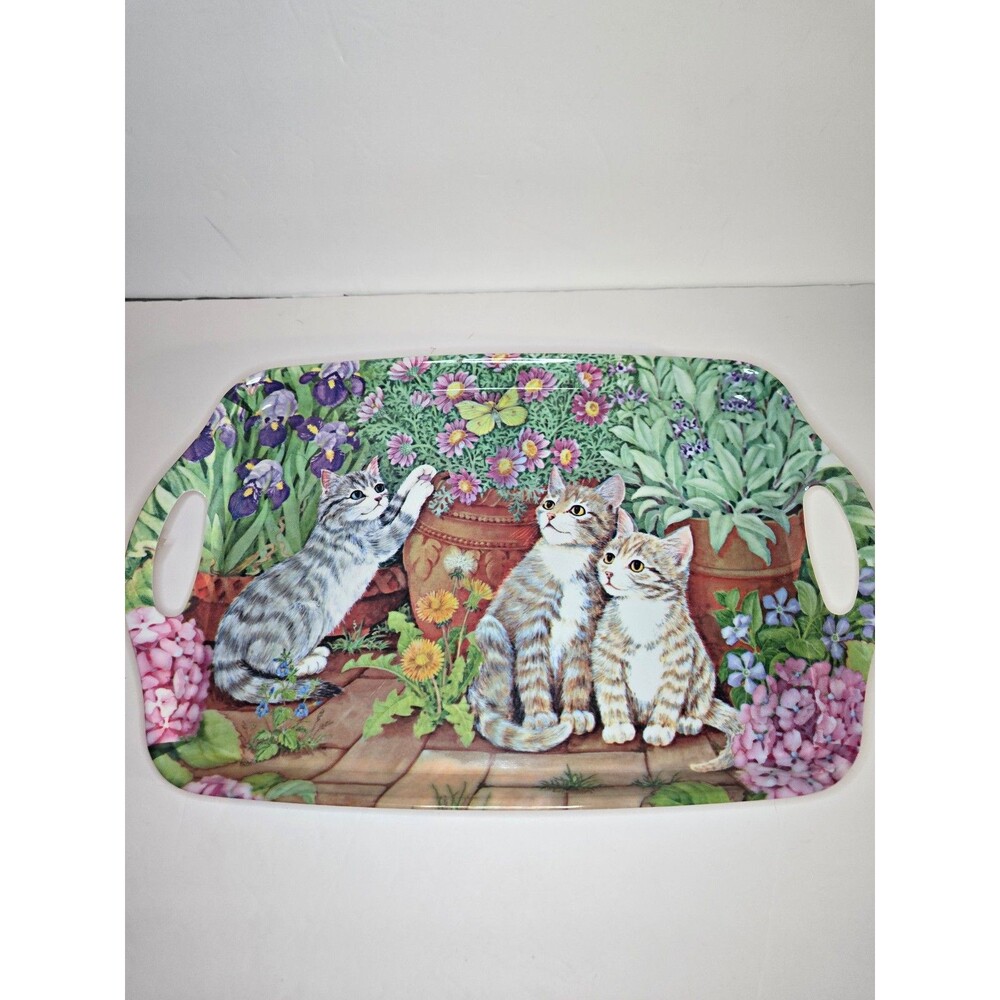Melamine Ware Flowers/Felines Kittens Cats Rectangle Serving Tray Raised Edge